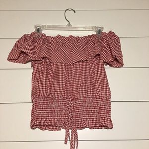 American rag white red plaid off shoulder lace up